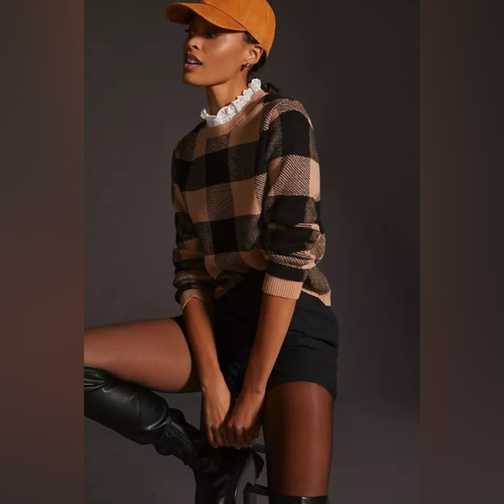 Anthropologie Black and Tan Buffalo Check Crewneck Sweater